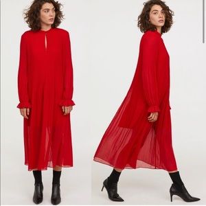 H&M Pleated Chiffon Midi Dress RED